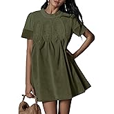 Athlisan Womens Faux Suede Mini Dress Patchwork Short Sleeve Crew Neck A Line Babydoll Dress with Pockets(ArmyGreen-XL)