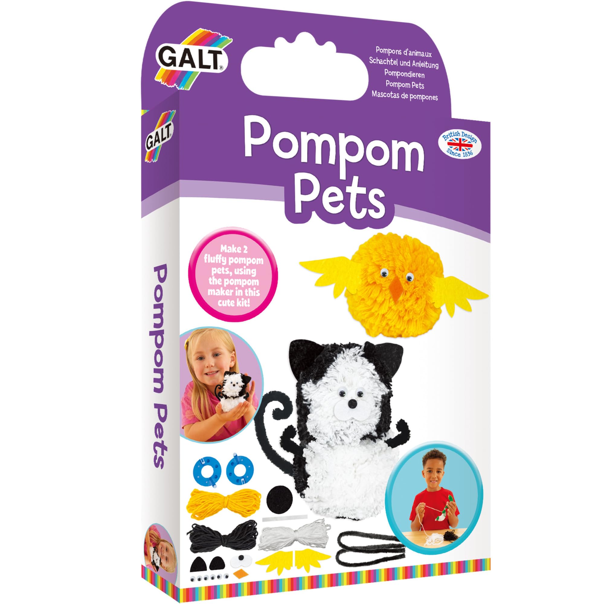 Galt Pom Pom Pets - Kids Knitting & Sewing Set - Create Your Own 2 Cute & Fluffy Pompom Animals - Knit and Sew Craft Kit for Children - Arts and Crafts Activity for Girls & Boys Ages 5 Years Plus