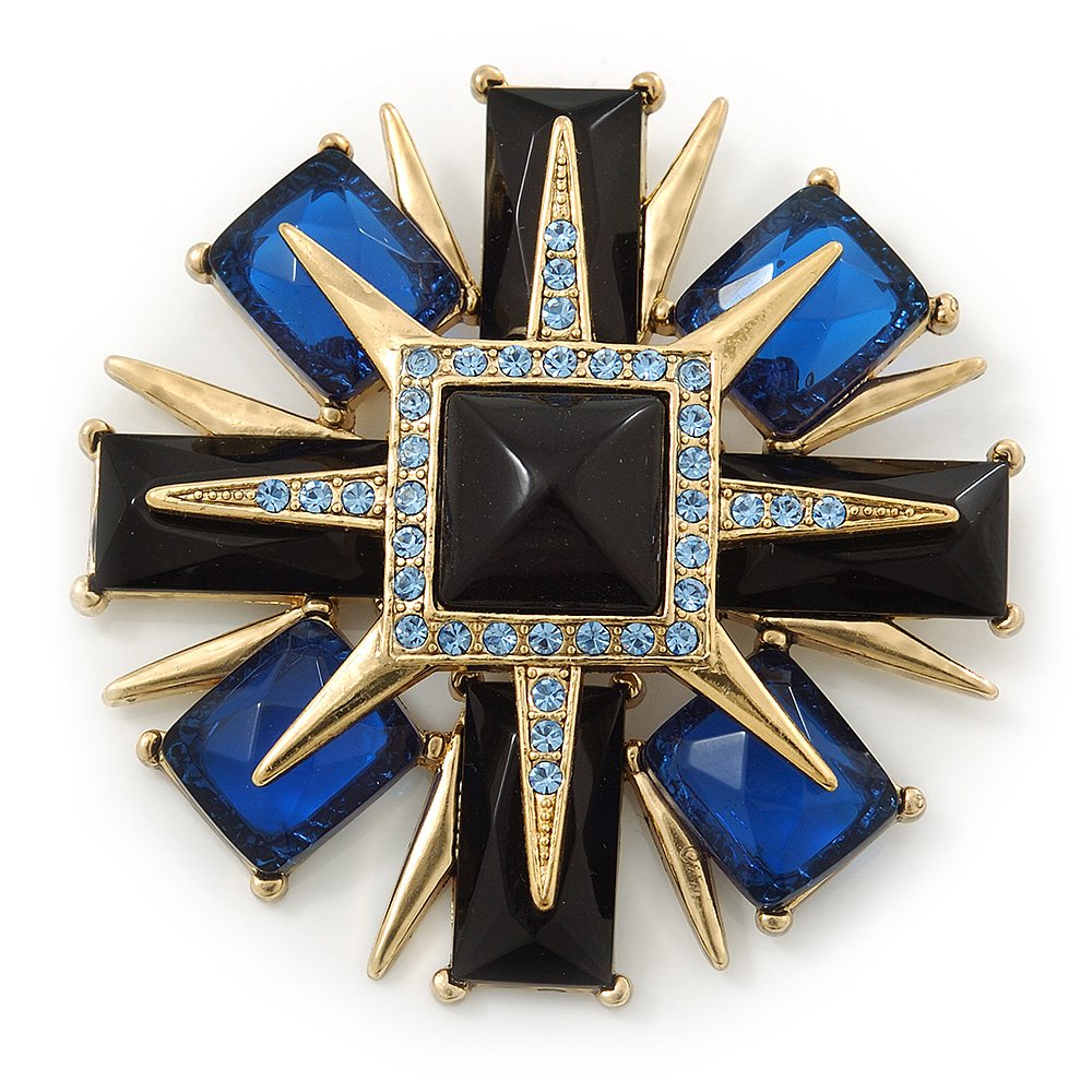Victorian Style Black/Blue Resin Stone Layered Cross Brooch In Gold Tone Metal - 75mm Across