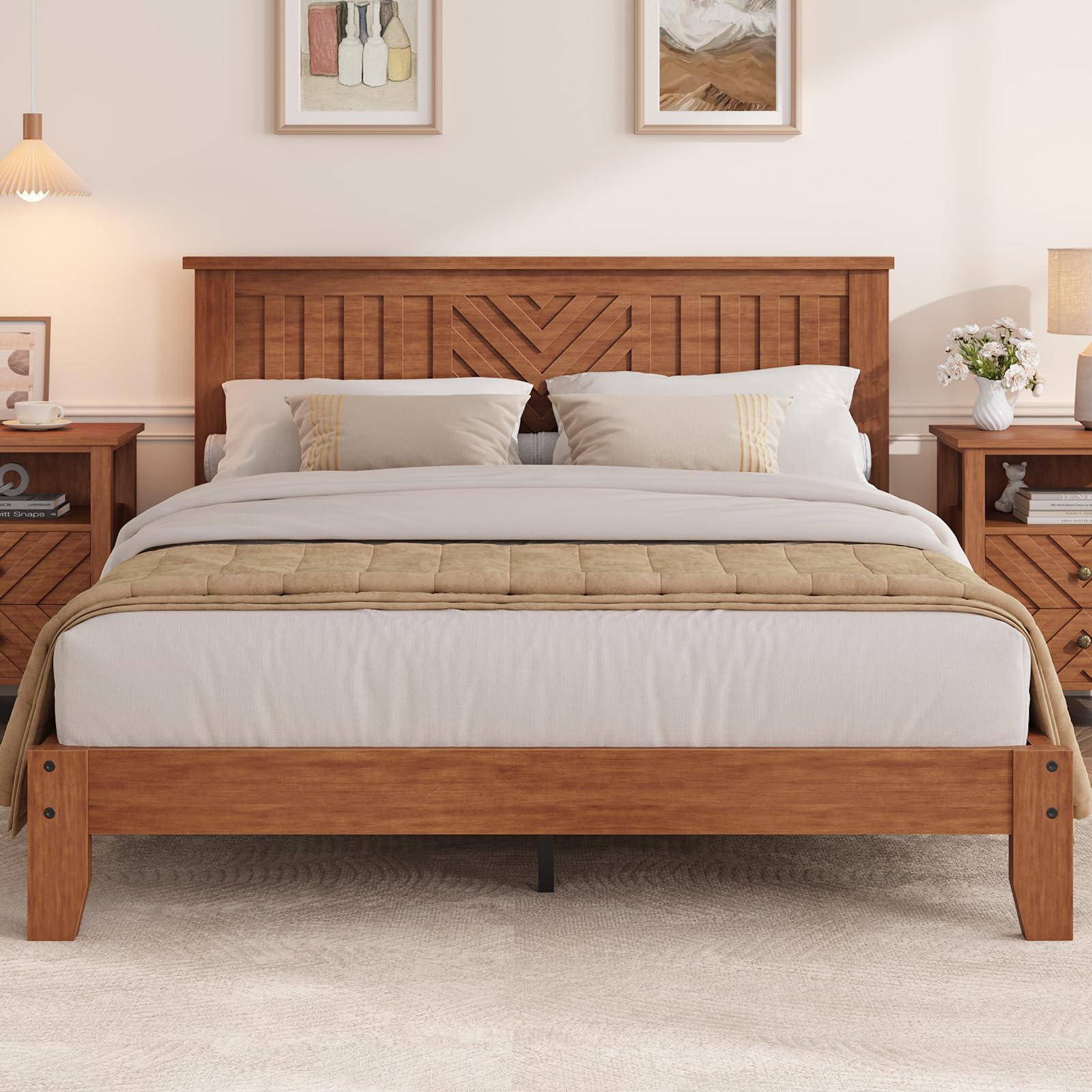 Photo 1 of ** VERY USED/ UNTESTED/ MISSING PARTS *** SLEKVERSA Wooden Platform Bed Frame with Headboard, Queen Size Mattress Foundation with Wooden Slat Support, No Box Spring Needed, Easy Assembly, Light Brown