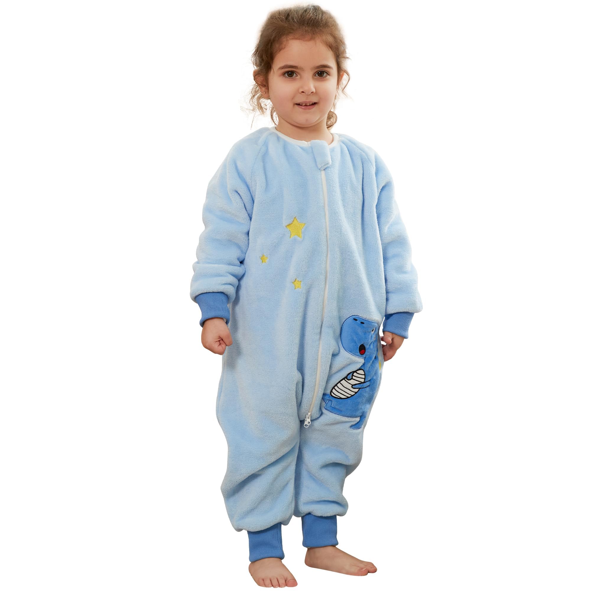 COOKY.D Unisex Baby Boys Girls Flannel Long Sleeve Sleeping Bags with Legs Toddler Triple Zipper Cartoon Wearable Blanket,Dinosaur 2-3 Years