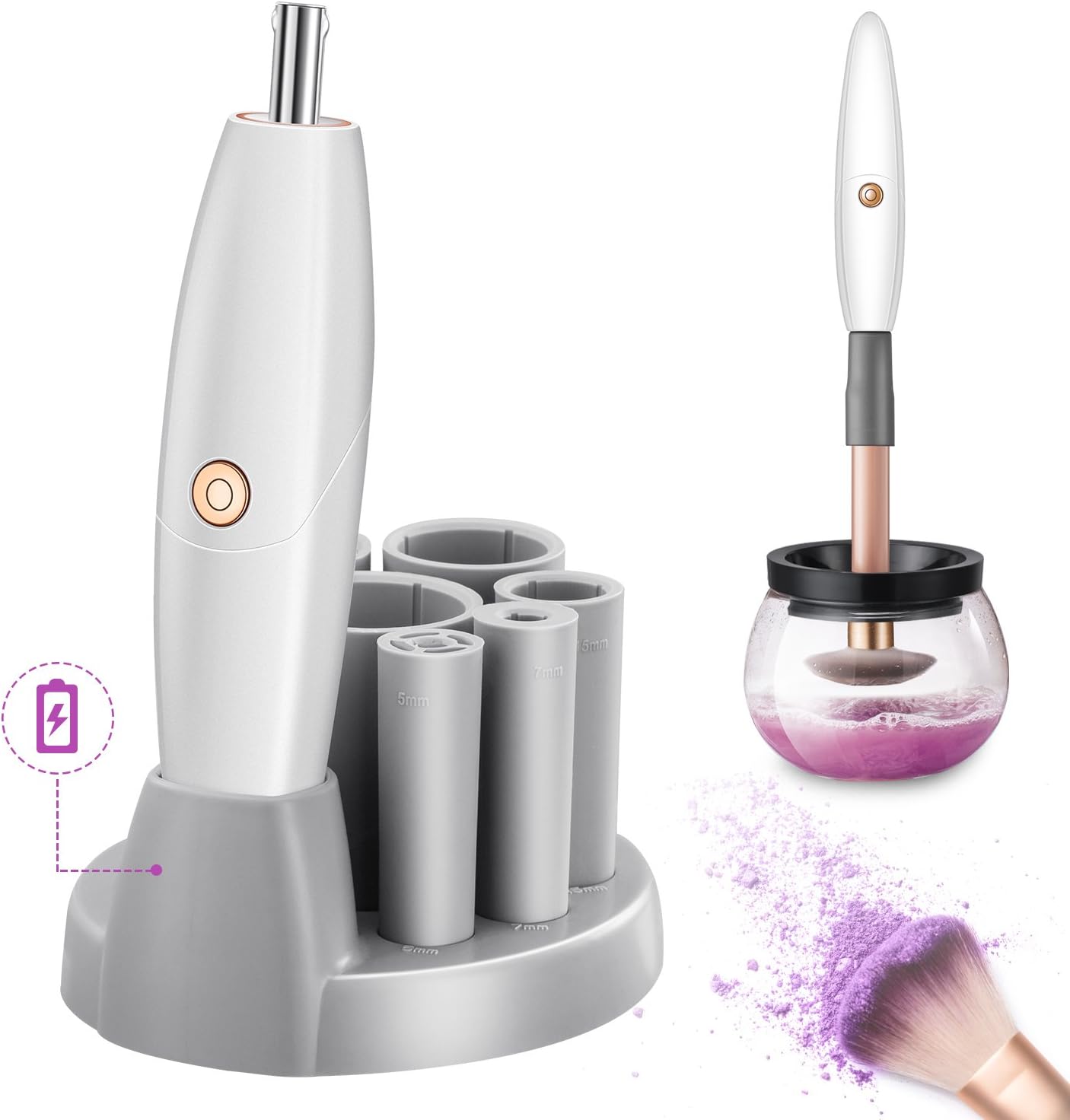 Electric Makeup Brush Cleaner and Dryer Machine with Rechargeable Pogo Pin Charging Station, Innolv Cosmetic Brush Cleaner with 360 Rotation Spinner Instantly Wash and Dry(White)