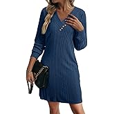 BLENCOT Womens Casual Knit Sweater Dress Long Sleeve V Neck Button Stretch Tunic Fall Knee Length Dresses Pockets
