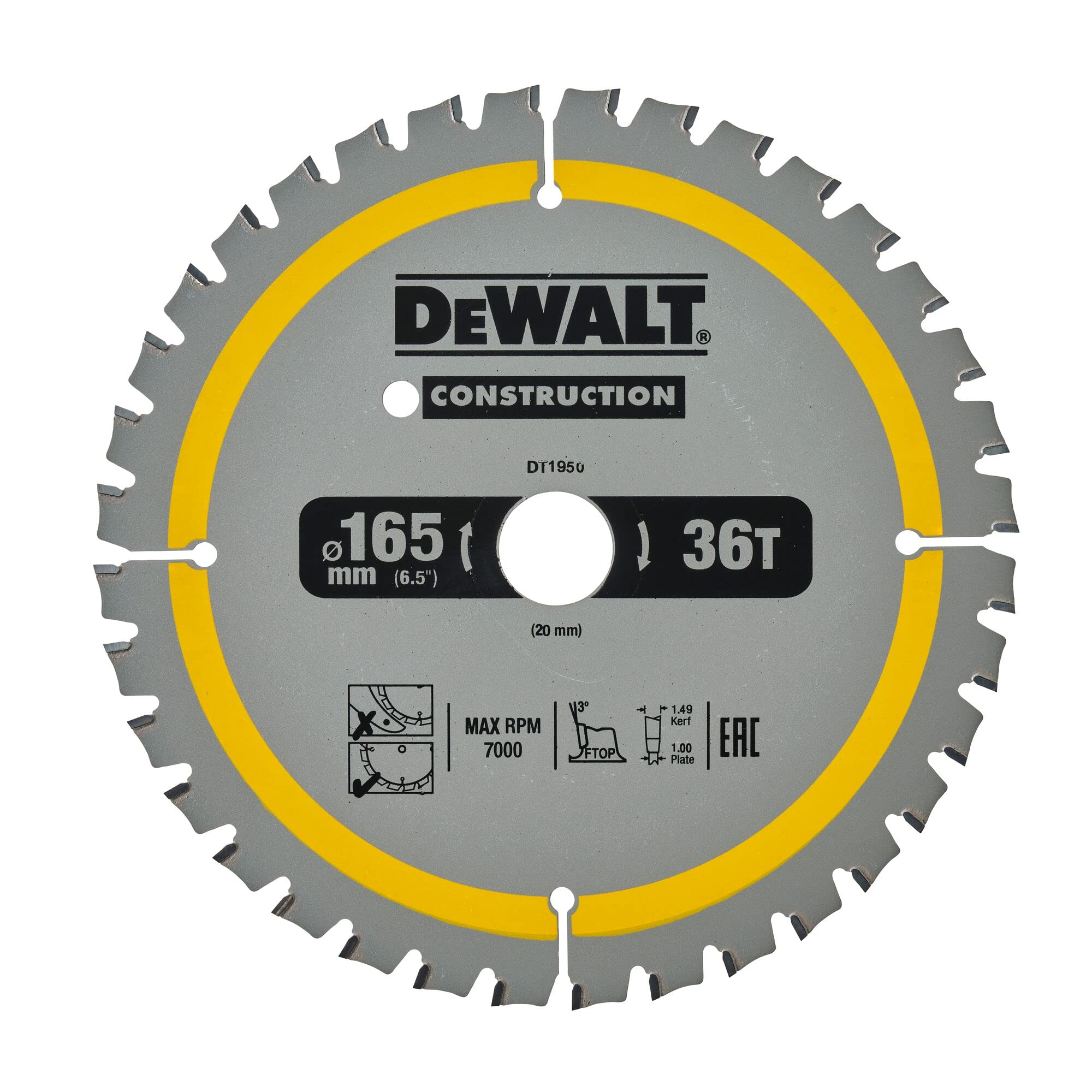 DeWalt DT1950-QZ Construction Circ Saw Blade, Yellow, 165 x 20 mm
