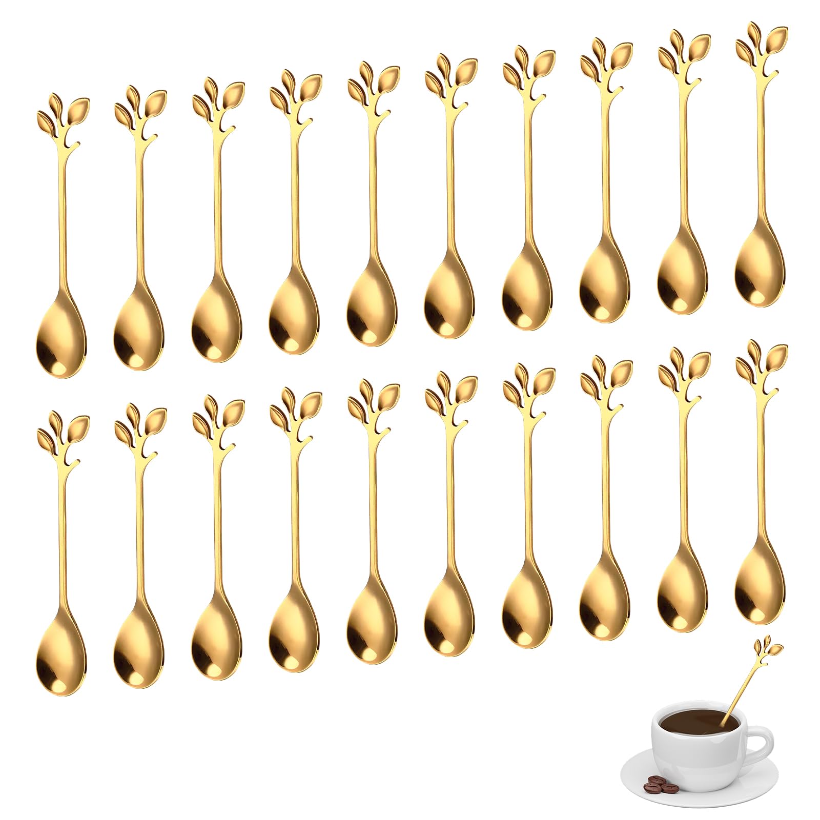 Photo 1 of 20 Pcs Dessert Spoons, 4.9" Elegant Silver Creative Leaf Mini Stainless Steel Espresso & Tableware Dessert Tea Coffee Spoons for Stirring Mixing Sugar, Ice Cream, Cake Coffee Tea (Gold)