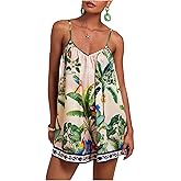 RoseSeek Women's Summer Tropical Rompers Sleeveless V Neck Wide Leg Vacation Short Jumpsuits