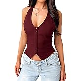 UNCOOYEE Women's Sexy Halter V Neck Tank Top Summer Sleeveless Trendy Vest Club Date Night Going Out Tops