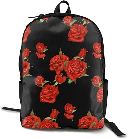 black backpack with red roses