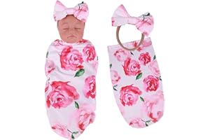 BABESIDE Reborn Baby Doll Blanket with Headband for 17-24 Inch Babydolls, Reborn Baby Doll Accessories Swaddle Blanket Set for Realistic Babydolls Girl, Pink Floral Pattern