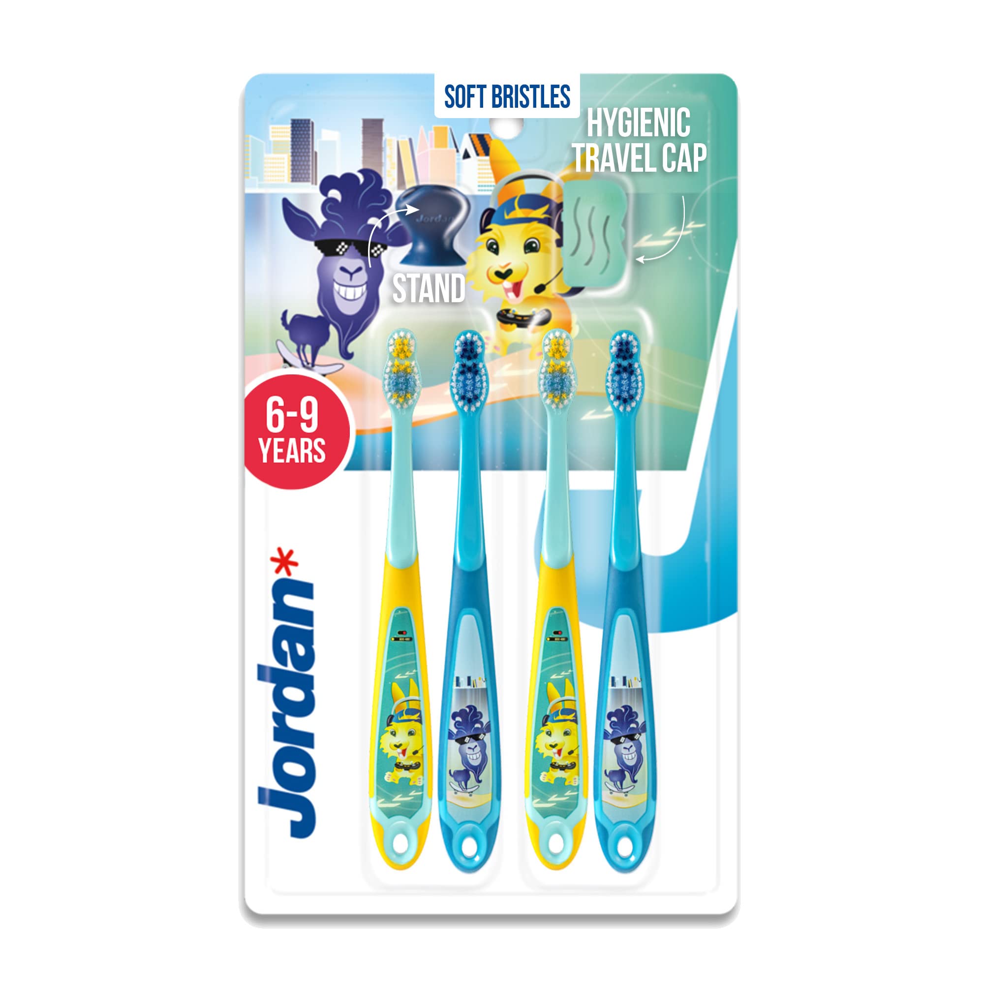 Jordan ® | Step 3 Toothbrush for Children | Toothbrush for Ages 6 to 9 Years | Soft Bristles, Double Ergonomic Handle & BPA-Free | Blue & Yellow | Pack of 4