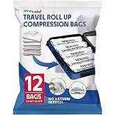 12 Pack Compression Bags for Travel, Roll Up Reusable Travel Space Saver Vacuum Storage Bags for Luggage, Camping, and Storage (No Vacuum or Pump Needed).