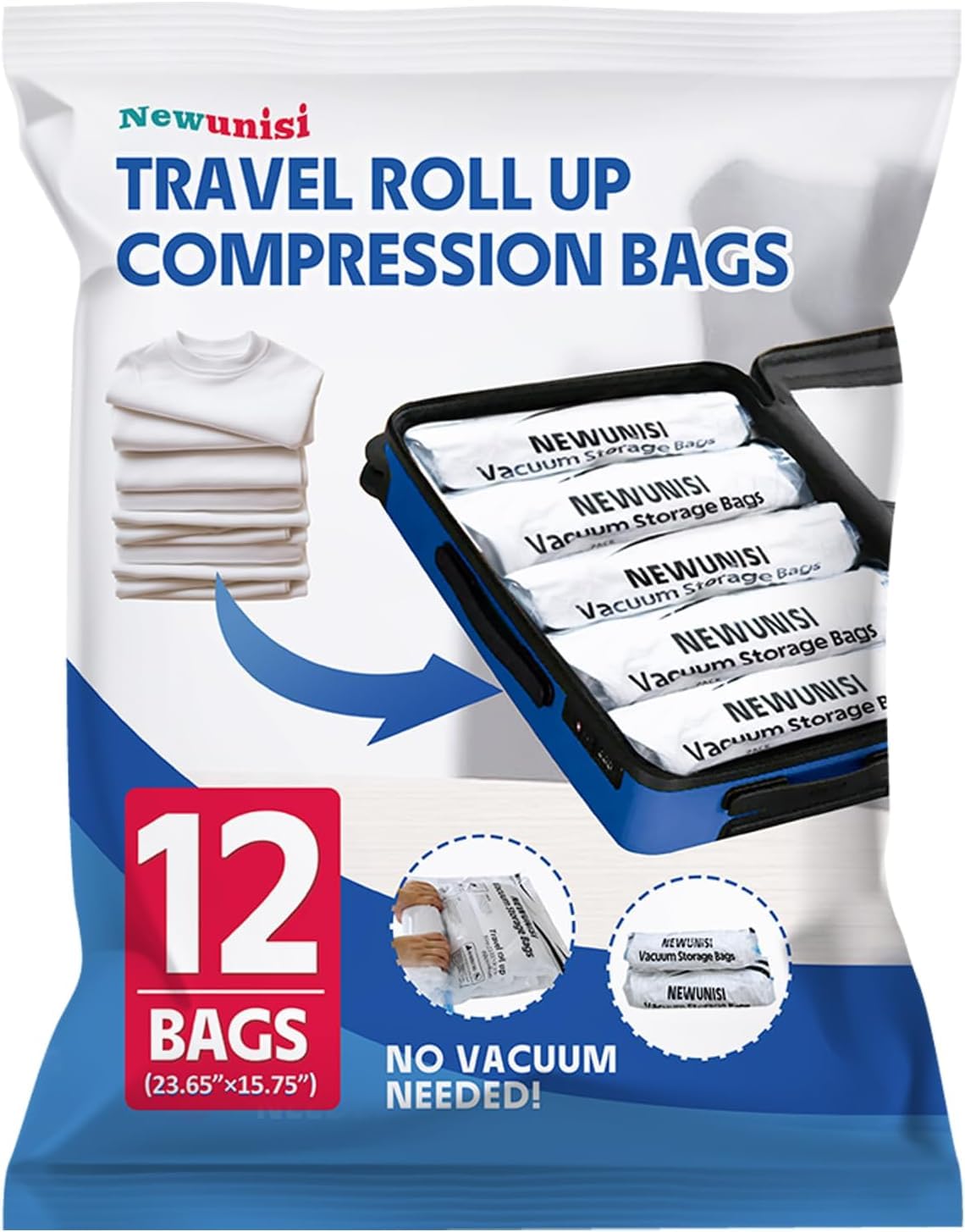 Photo 1 of 12 Pack Vacuum Storage Bags, Compression Bags for Travel, Roll Up Reusable Travel Space Saver for Luggage, Camping, and Storage (No Vacuum or Pump Needed).