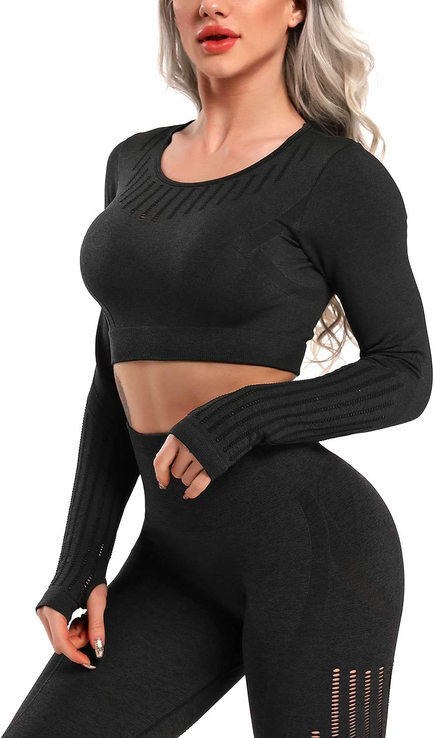 CFR Women's Seamless Long Sleeve Workout Crop Top with Thumbholes Yoga Gym Compression Athletic Shirts Blouse