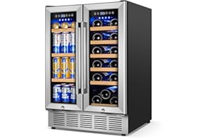 FOMUP Wine and Beverage Refrigerator with Glass Door, 24-Inch Dual Zone Wine Fridge Under Counter - 18 Bottle and 65 Can Large Capacity Led Blue Light Smart Fast Cooling Wine Cooler