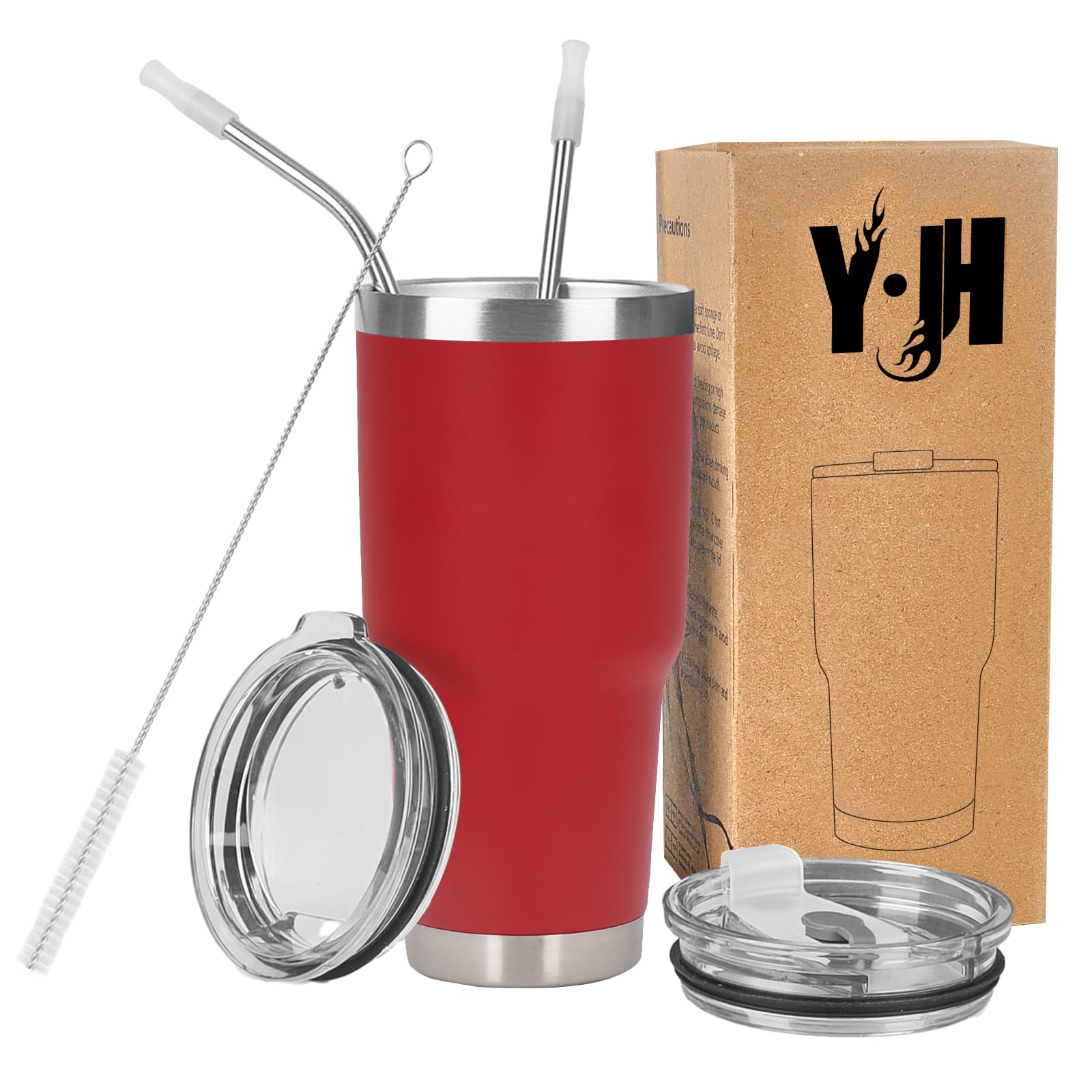 Y·J&H 30oz (850ml) Travel Tumbler Double Wall Vacuum Insulated Coffee Mug Stainless Steel Coffee Cup with 2 Splash Proof Lid, 2 Straws & Free Cleaning Brush, BPA Free - Red