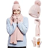 Winter Hat Scarf Gloves Set for Women Warm Thick Soft Long Knit Scarf Fleece Lined Beanie Touchscreen Glove Cold Weather Gift