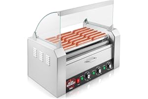Olde Midway Electric 18 Hot Dog 7 Roller Grill Cooker Machine with Bun Warming Drawer and Cover - Commercial Grade, Stainless Steel
