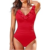Holipick Women One Piece Swimsuits Tummy Control Bathing Suit Ruffle V Neck Swimwear Slimming Monokini
