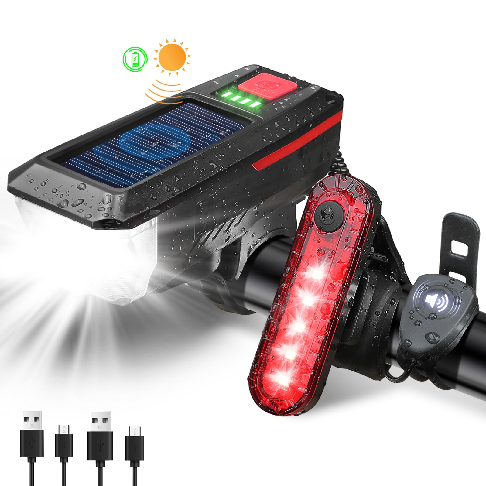 JSHNE Bike Light, Sloar & USB Rechargeable Bicycle Light Set with Horn, Super Bright LED Bike Lights for Night Riding Front and Back, Waterproof Safety Headlight and Rear Taillight Set