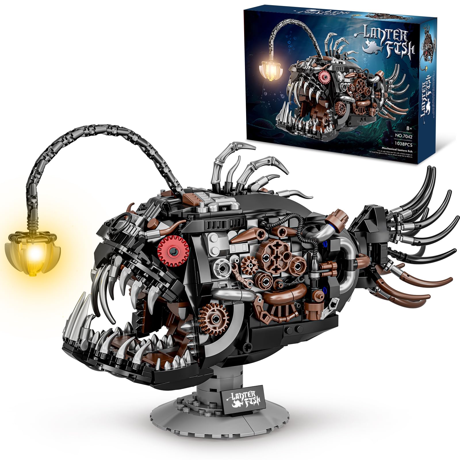 Mechanische Laternenfisch Bausteine Klemmbausteine mit Licht, Kompatibel mit Lego Set, 1038 Teile Meerestiere Anglerfisch Spielzeug für Home Deko, STEM Geschenk für Erwachsene Jugendliche Jungen 8-14+