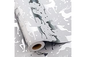 MAYPLUSS Reindeer Christmas Wrapping Paper Roll - 17 Inch X 33 Feet - Silver Metallic Foil Paper - Elegant Elk Christmas Seasonal Gift Wrap Paper for Winter, Holiday, Birthday, Party Decoration