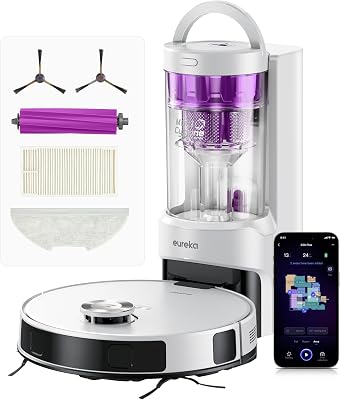 Aspirador de pó robô com esvaziamento automático eureka e20 plus, 8000 pa, esvaziamento automático de poeira, vida útil da bateria de 180 minutos, duodetect ai 3d para evitar obstáculos, para tapetes e pêlos de animais de estimação, branco