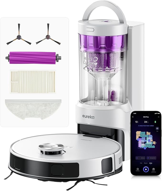 Aspirador de pó robô com esvaziamento automático eureka e20 plus, 8000 pa, esvaziamento automático de poeira, vida útil da bateria de 180 minutos, duodetect ai 3d para evitar obstáculos, para tapetes e pêlos de animais de estimação, branco