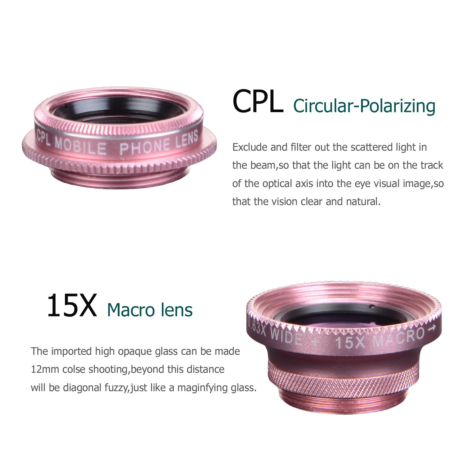 Cell Phone Camera Lens, YELIN 4 in 1 Phone Camera Lens, 198°Fisheye Lens 15X Macro Lens 0.63X Wide Angle Lens CPL Lens Universal Clip-on Camera Lens Kit for iPhone Samsung etc. (Pink & White)