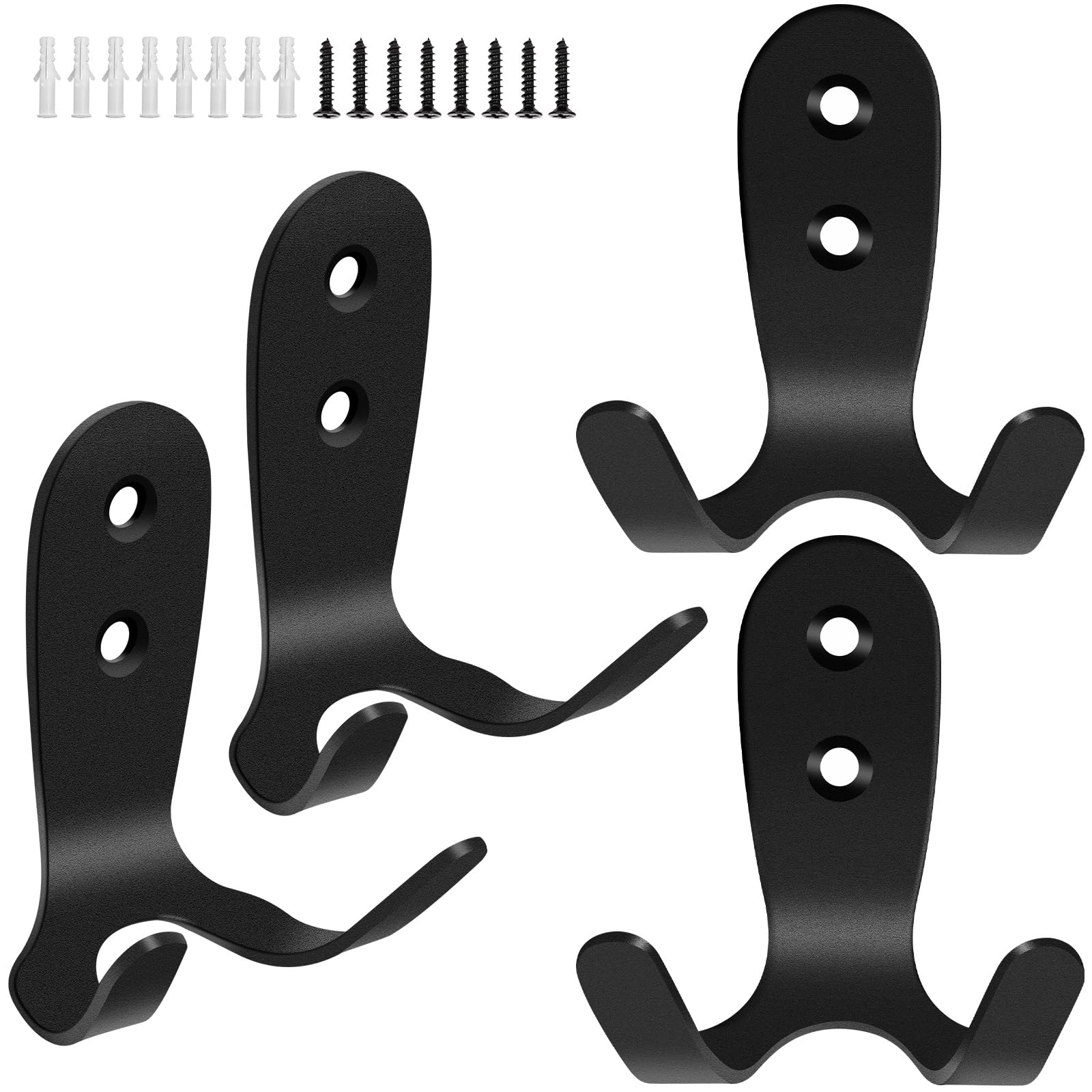 TOKPLNU 4 PCS Black Coat Hooks,Wall Mounted Hooks,Retro Double Robe Hooks,Stainless Steel Door Hook for Hanging Clothes Towel Hat Bag Scarf Key in Kitchen Bathroom