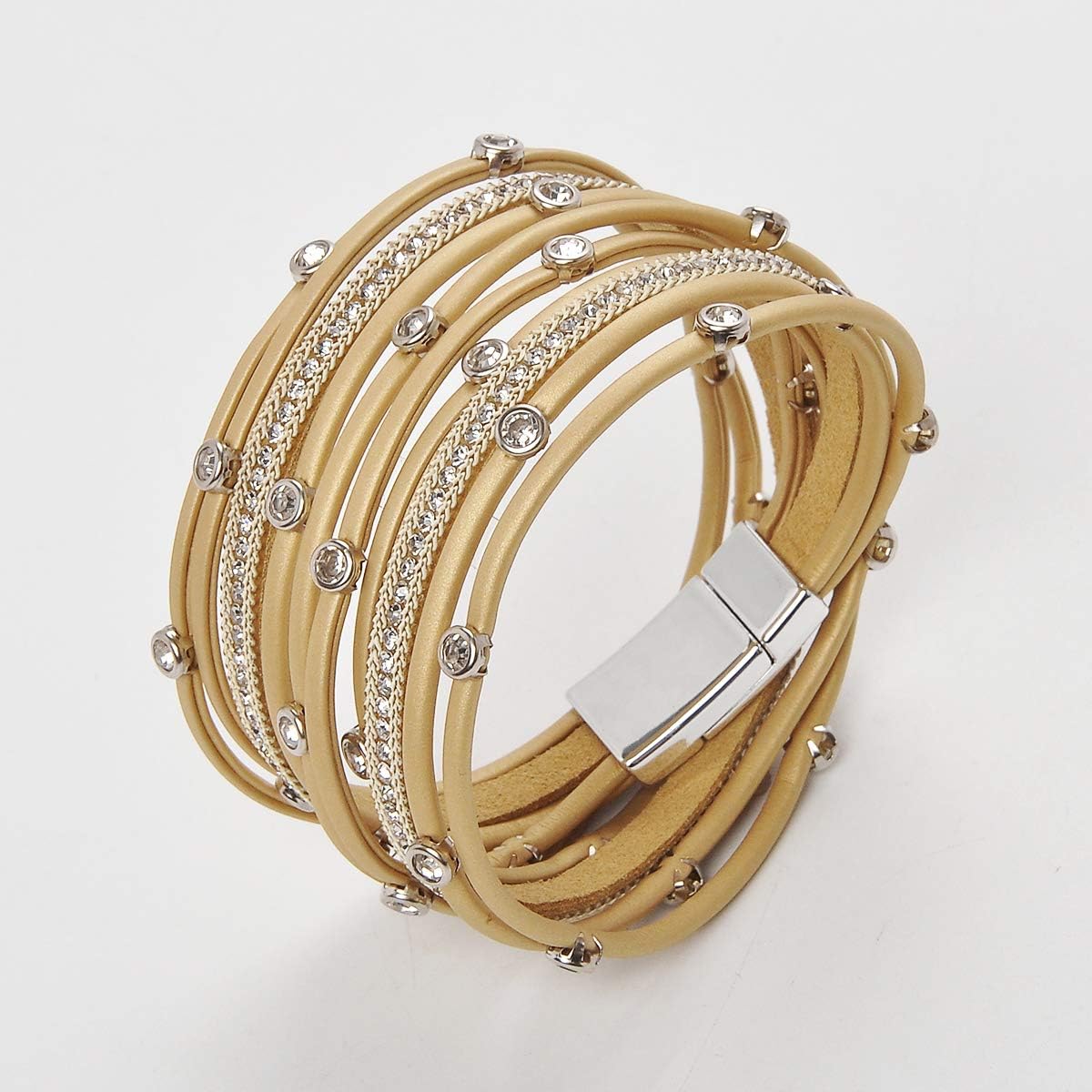 TASBERN Women Leather Wrap Bracelet in Goldplated Metallic Crescents and Crystal Cuff Jewelry for Ladies Girls (TAS012-Black): Jewelry