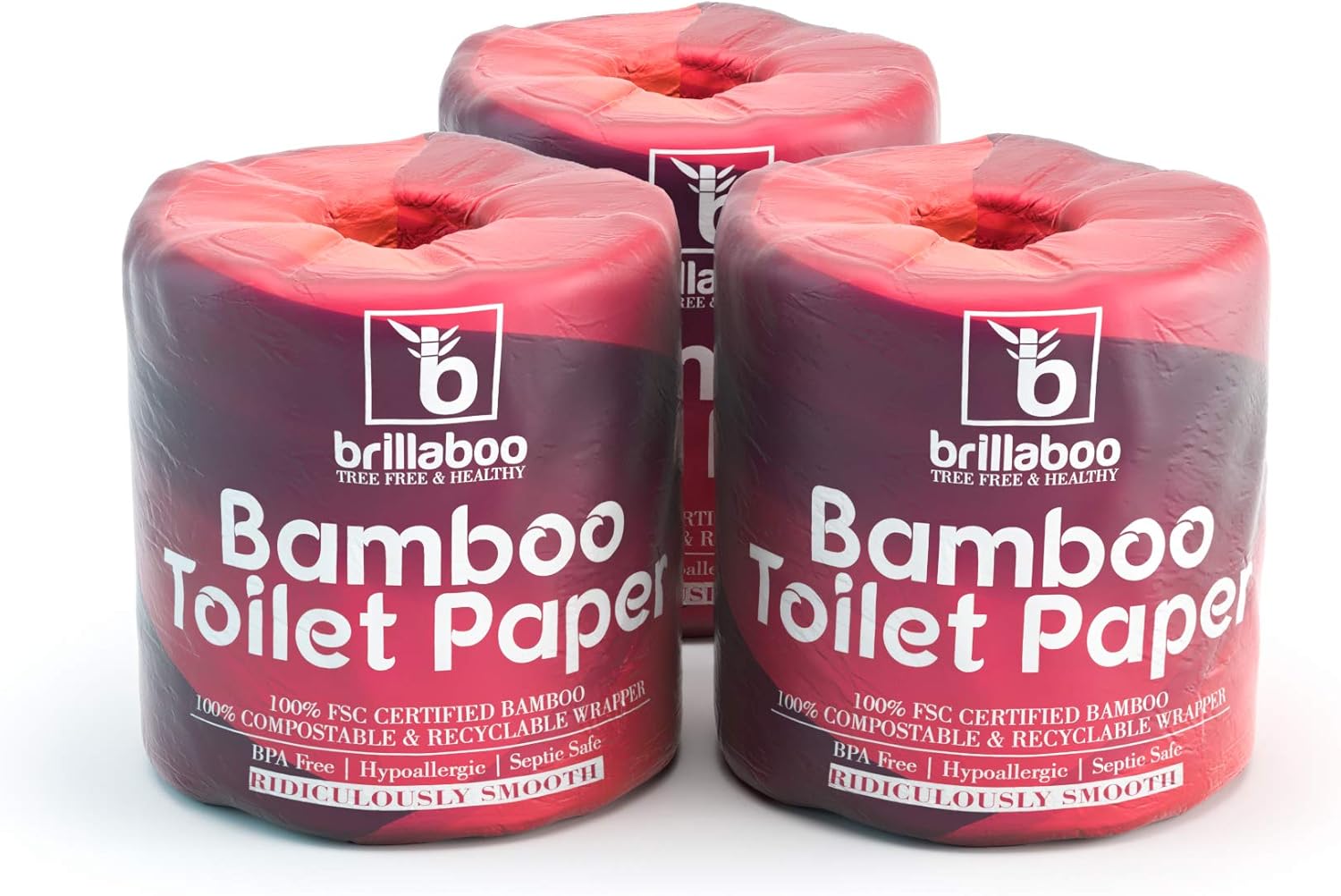 BrillaBoo Pure Bamboo Toilet Paper | 100% Tree Free Hypoallergenic Bamboo Toilet Paper For Sensitive Skin | Plastic, Tree & Lint Free | Septic-Safe - 3 Ply - 200 Piece Roll | 12 Rolls: Health & Personal Care