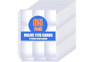 KKEETUR 65 Pack 9 Pocket Card Sleeves Binder Sheets, Trading Card Sleeves for 3 Ring Binder, Holds 1170 Cards, Card Holder Binder Pages Protectors Fit for MTG, TCG, Baseball, Football, Game, Business Cards