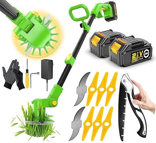 21V Strimmer Cordless Grass Trimmer Garden Strimmer Electric Battery Powered with 2×2.5Ah Battery & Fast Charger, 3 Kinds Spare Blades Brush Cutter for Garden Lawn Weeds Clearing