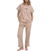 Flygo Womens Gingham Cotton Pajamas Set Babydoll Pj Pants Lounge Sets