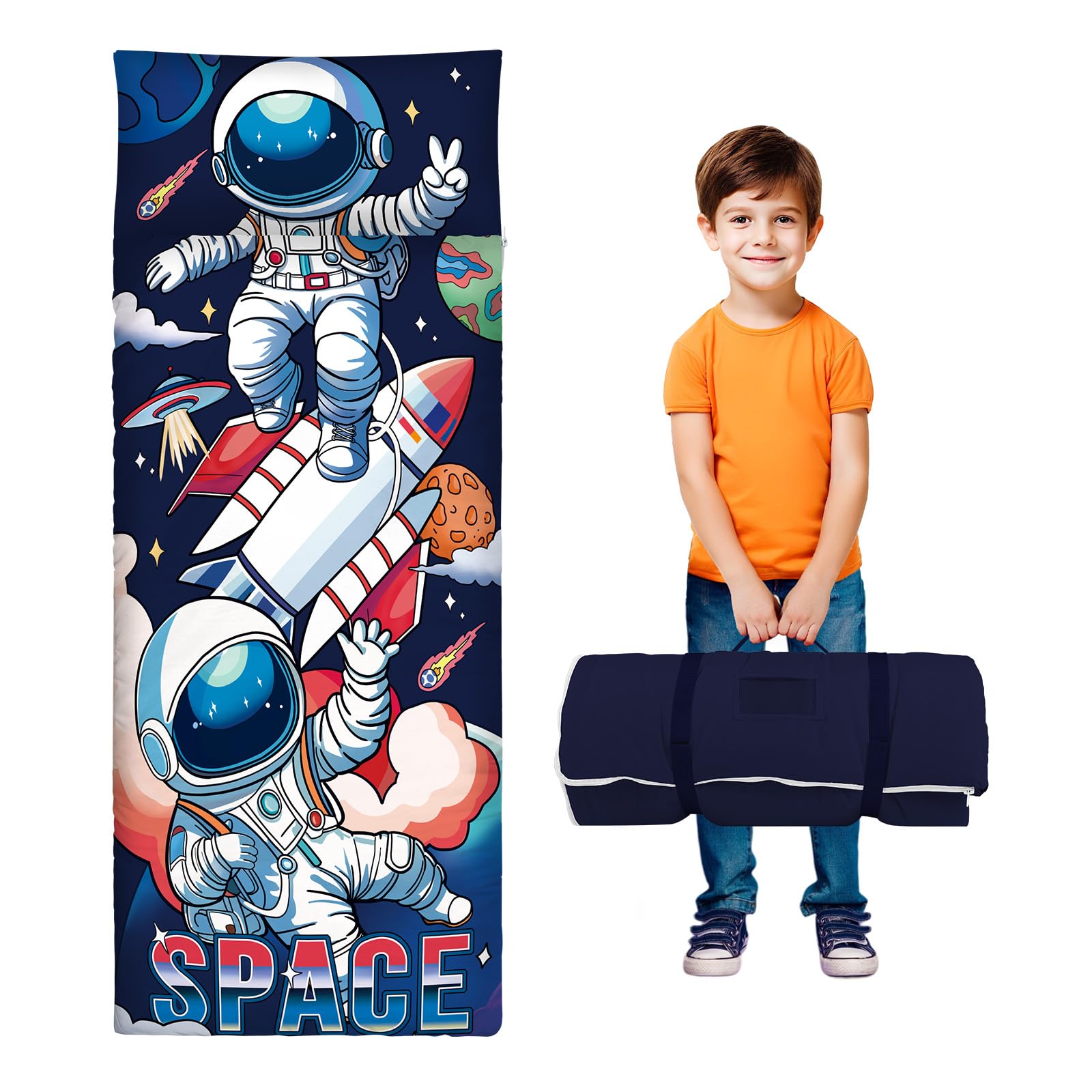 Kids Sleeping Bag with Pillow,Nap Mat for Toddlers Boys Girls, Warm Toddler Slumber Bag 150x60cm, Roll Up Kids Sleeping Mat with Double Zip for Bedroom Daycare Kindergarten,Space Astronaut — image 1