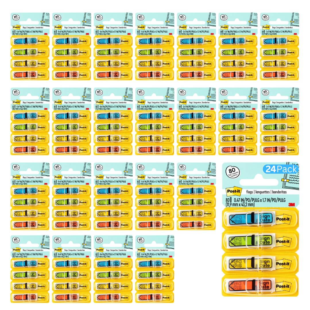 Post-it Message Flags, Sign and Date, 30/Dispenser, 4 Dispensers/Pack, .47 in Wide, Assorted Colors (684-SD) (24 Pack) Image