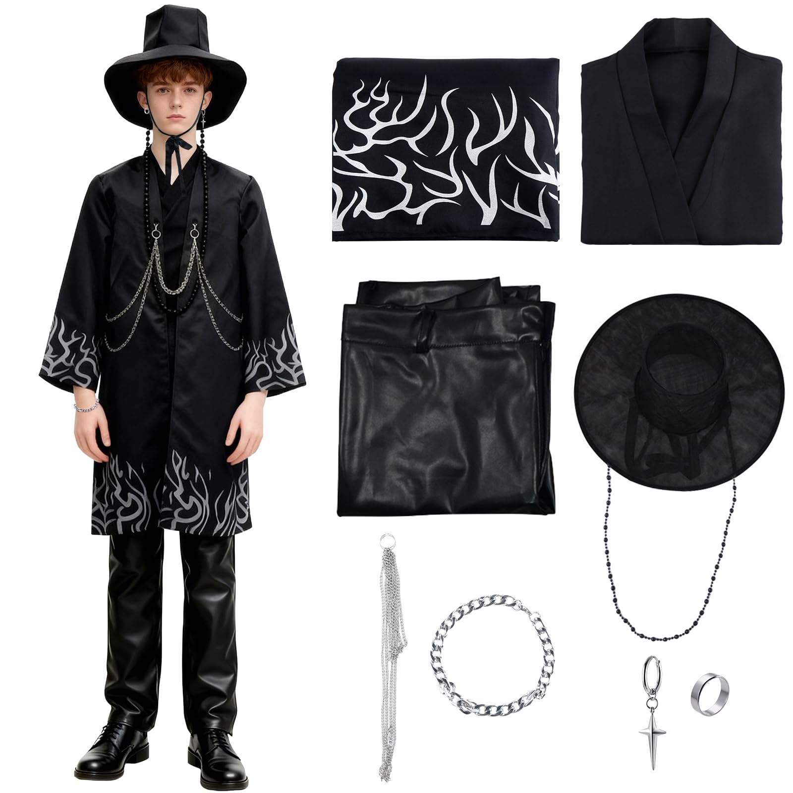 Kitimi Jinu Costume Setfor Kid Teen, Anime Movie Pop Black Demon Costume with Hat Chains Jewelry, Saja Boys Costume Cosplay Outfits for Carnival Christmas Party Stage Dress-Up