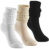 PQJSJDR 3 pairs Women's Slouch Sock Scrunch Socks Retro Knee,Soft Stack Chunky Cozy Boot Socks,High Socks Size 6-11(black, white and khaki)