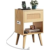 WLIVE Rattan Nightstand with Charging Station, Boho Night Stand, Small Bedroom Side Table, End Table with Drawer and Storage, Wood Bedside Tables for Bedroom, Small Spaces, Natural Oak