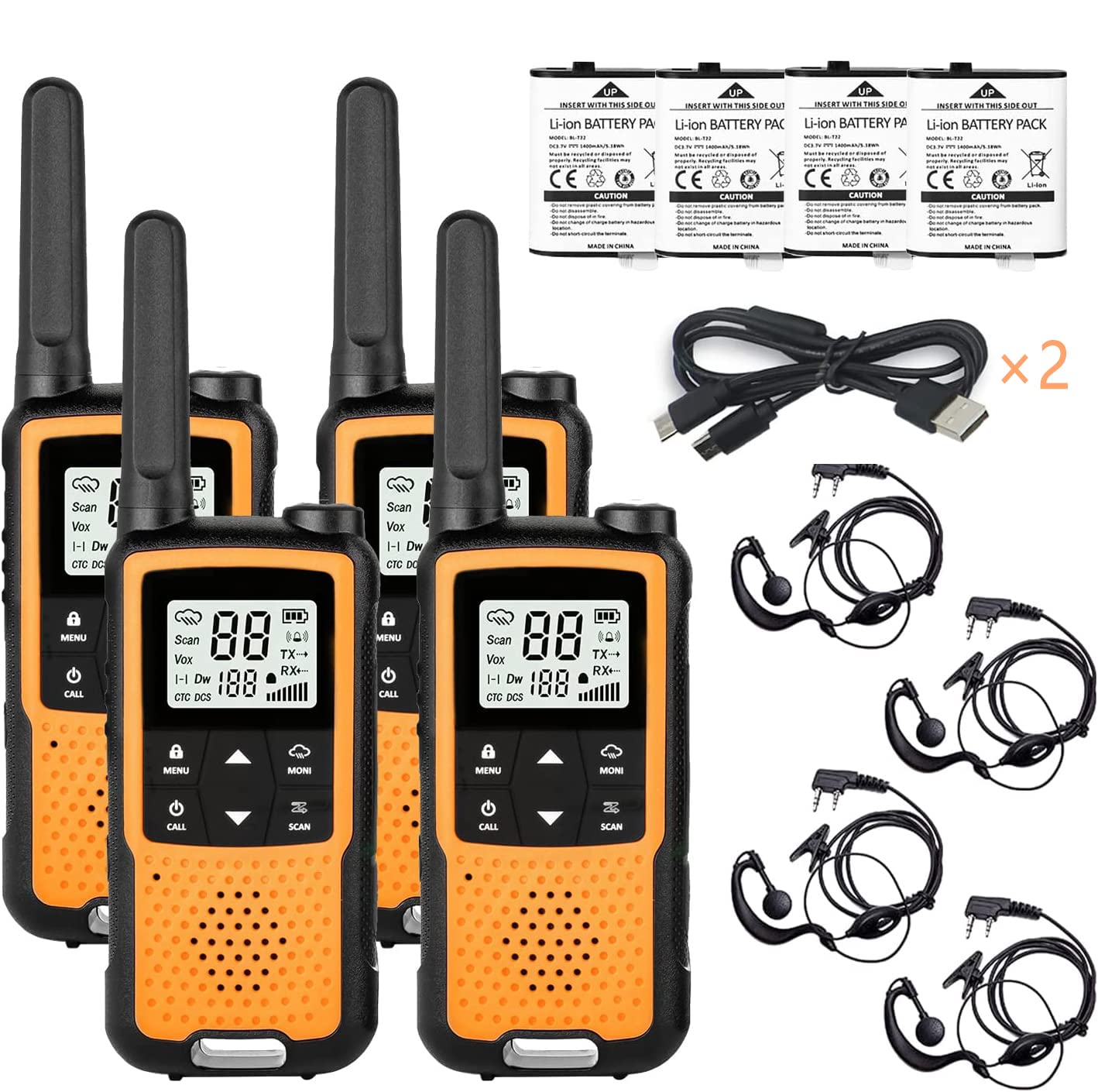 USB Rechargeable Walkie Talkies for Adults, Greaval PMR446 Walkie Talkie Long Range Walkie Talkies with Earpieces, License Free 2 Way Radio (Orange 4 Pack)