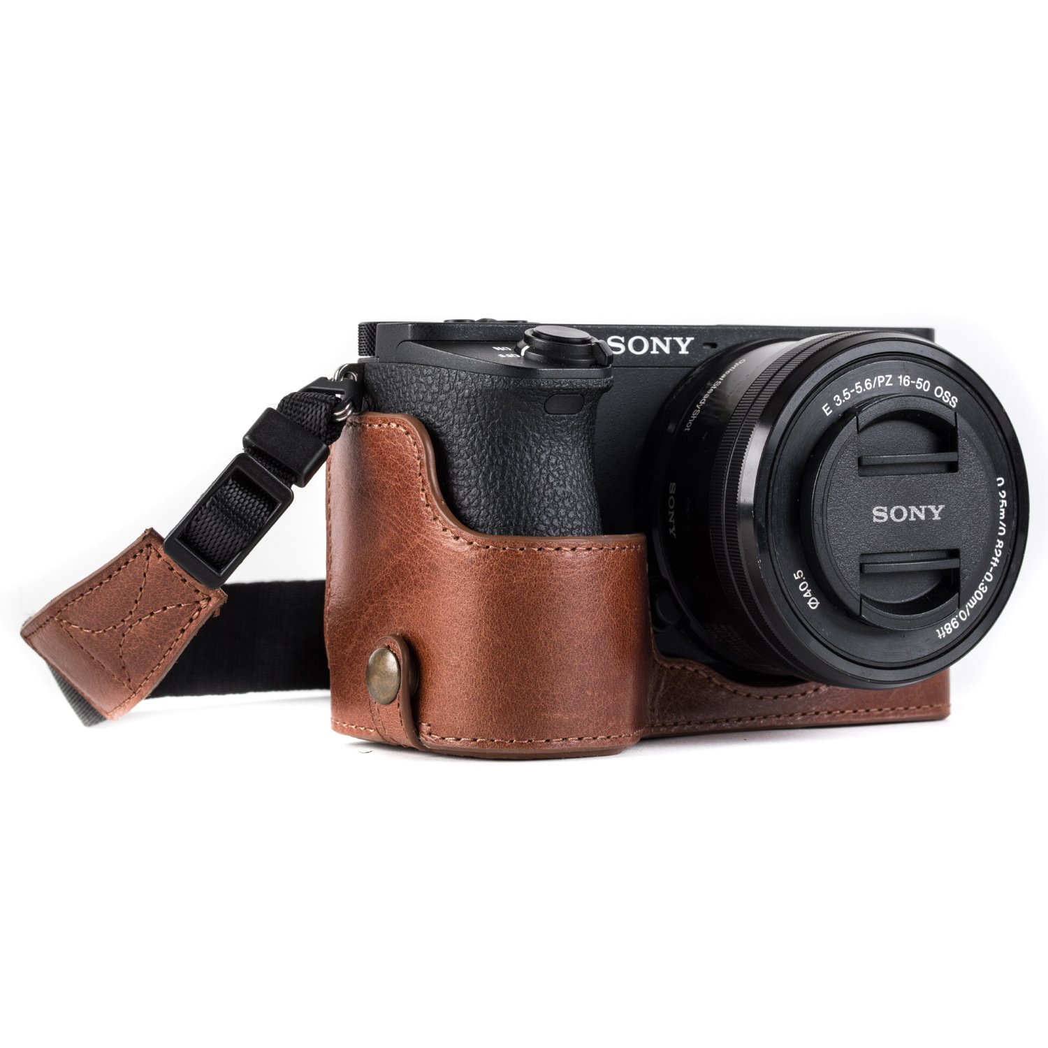 MegaGear MG1204 Ever Ready Genuine Leather Half Case and Strap with Battery Access for Sony Alpha A6500 Camera - Dark Brown