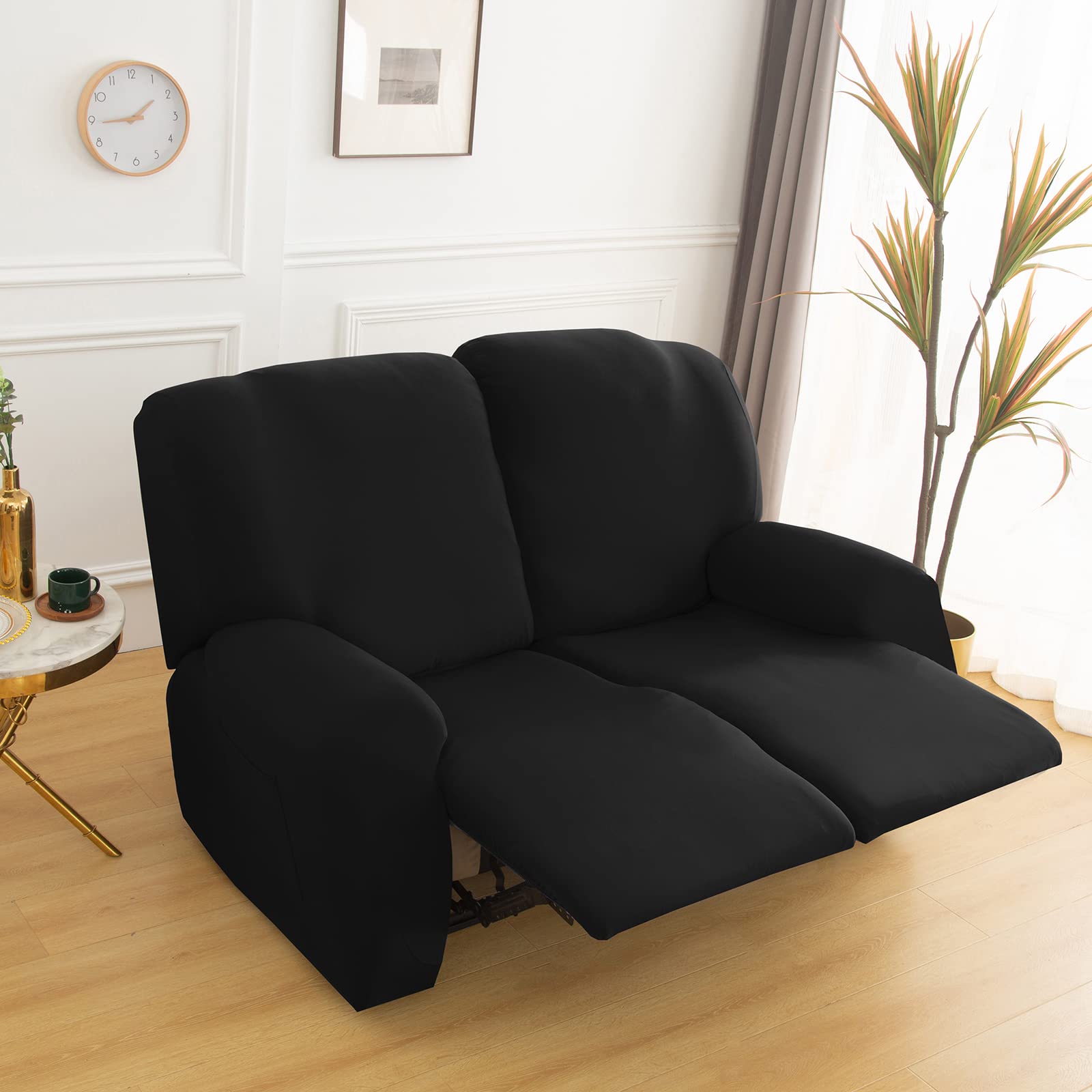 Stretch Recliner Chair Cover,6-Pieces Sofa Cover Slipcover Couch Covers,Armchair Cover Non-Slip Furniture Protector ,Elastic Spandex Soft Recliner Chair Protector with Side Pocket(2 Seater Black)