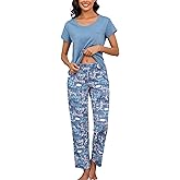PNAEONG Womens Pajama Sets Cotton Lounge Sets for Women Short Sleeve Top With Pants 2 Piece pj sets With Pocket