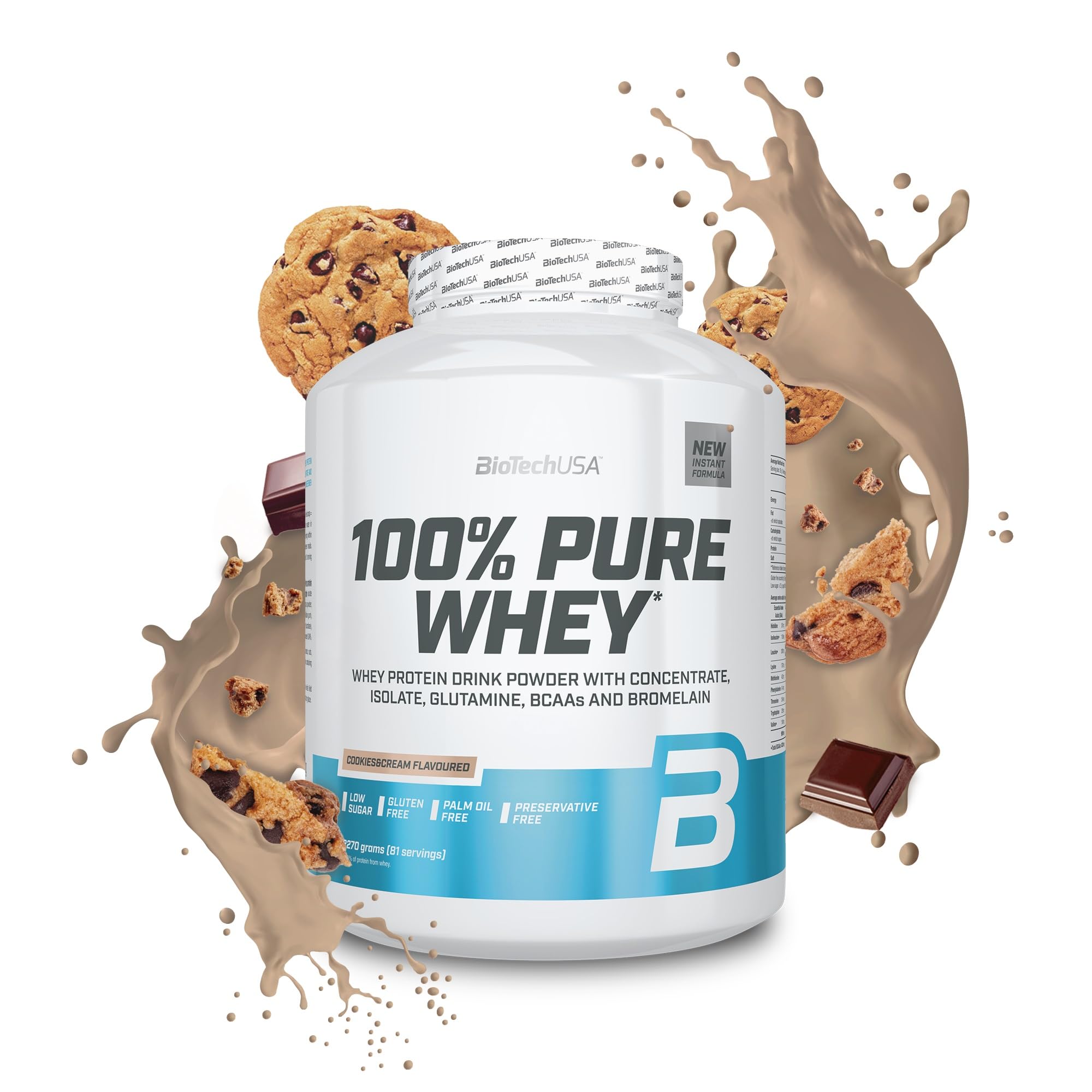 BioTechUSA 100% Pure Whey | Protein Powder with BCAA and Glutamine | Gluten-Free, Palm Oil Free | 21g Protein per Serving, 2.27 kg, Cookies & Cream