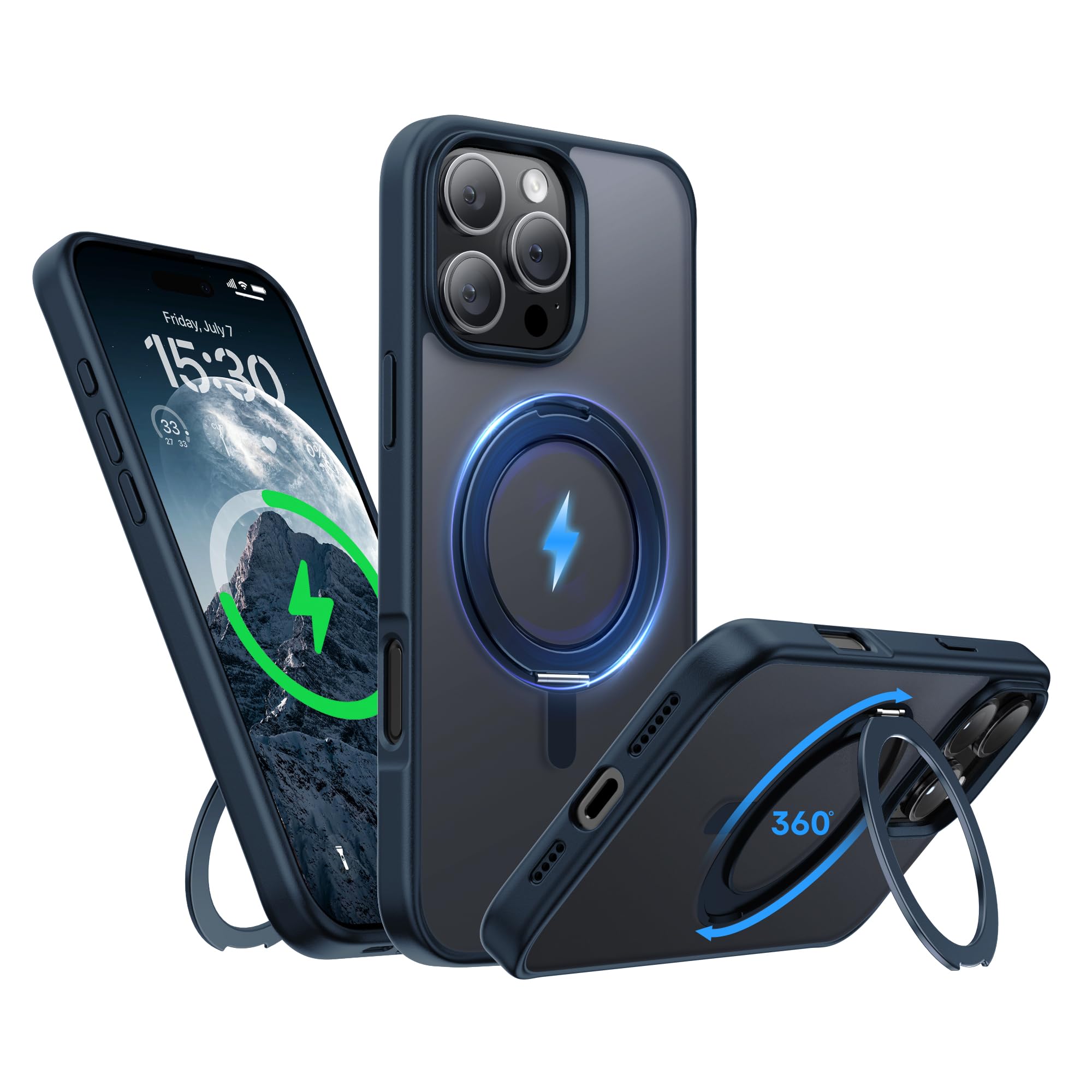 Niunisi Stand for iPhone 16 Pro Max Case, [Compatible with Mag Safe] 360° Rotatable Ring Holder Kickstand Military Shockproof Protective Case for iPhone 16 Pro Max 6.9 Inch, Blue