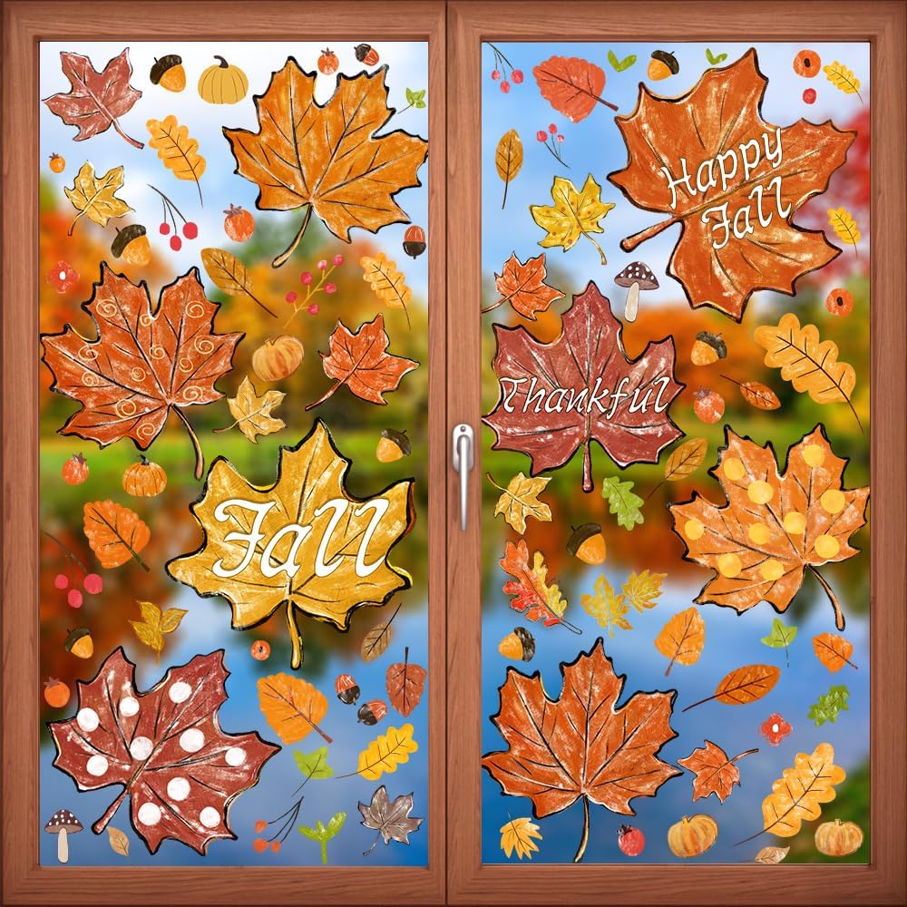Window Treatments - YUJUN 8 Sheets Thanksgiving Fall Window Clings, Maple Leaves Pine Cones Oil Painting Window Decals Stickers for Autumn Glass Home Decor and Thanksgiving Fall Window Decoration