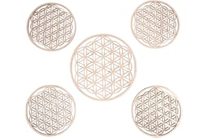 Rayher Set of 5 Wooden Ornaments with Flower of Life Design, 5 Flower of Life Coasters, Wood Coasters in Various Sizes, natural wood, 9cm and 12cm, 46735505