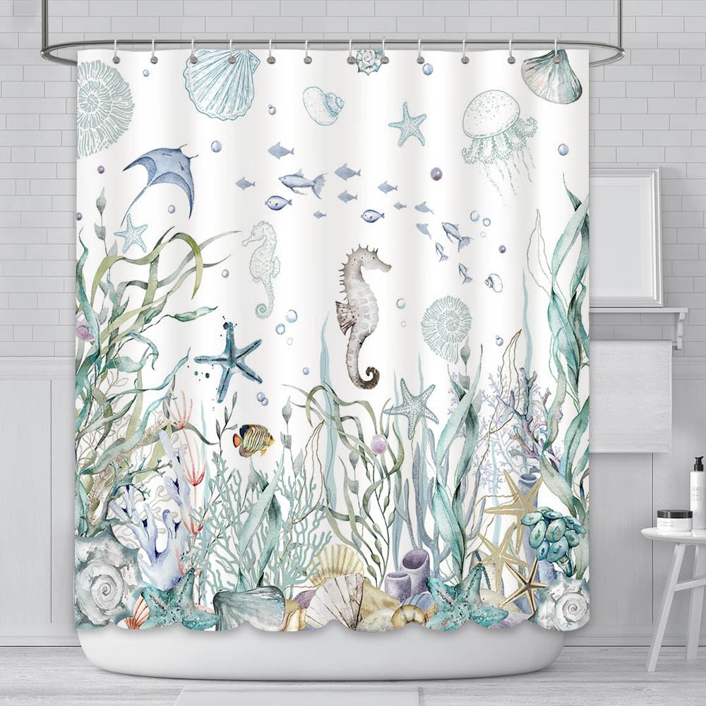 AIBIIN 180x180cm Ocean Shower Curtain Under The Sea Theme Starfish Seashells Decor pattern for Bathroom Waterproof Durable Polyester Material With 12 Hooks