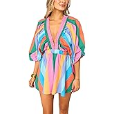 Cjfdfy Women's Long Puff Sleeve Short Romper Summer Cute Deep V Neck Flowy Tropical Beach Vacation Playsuit Resort Wear 2025