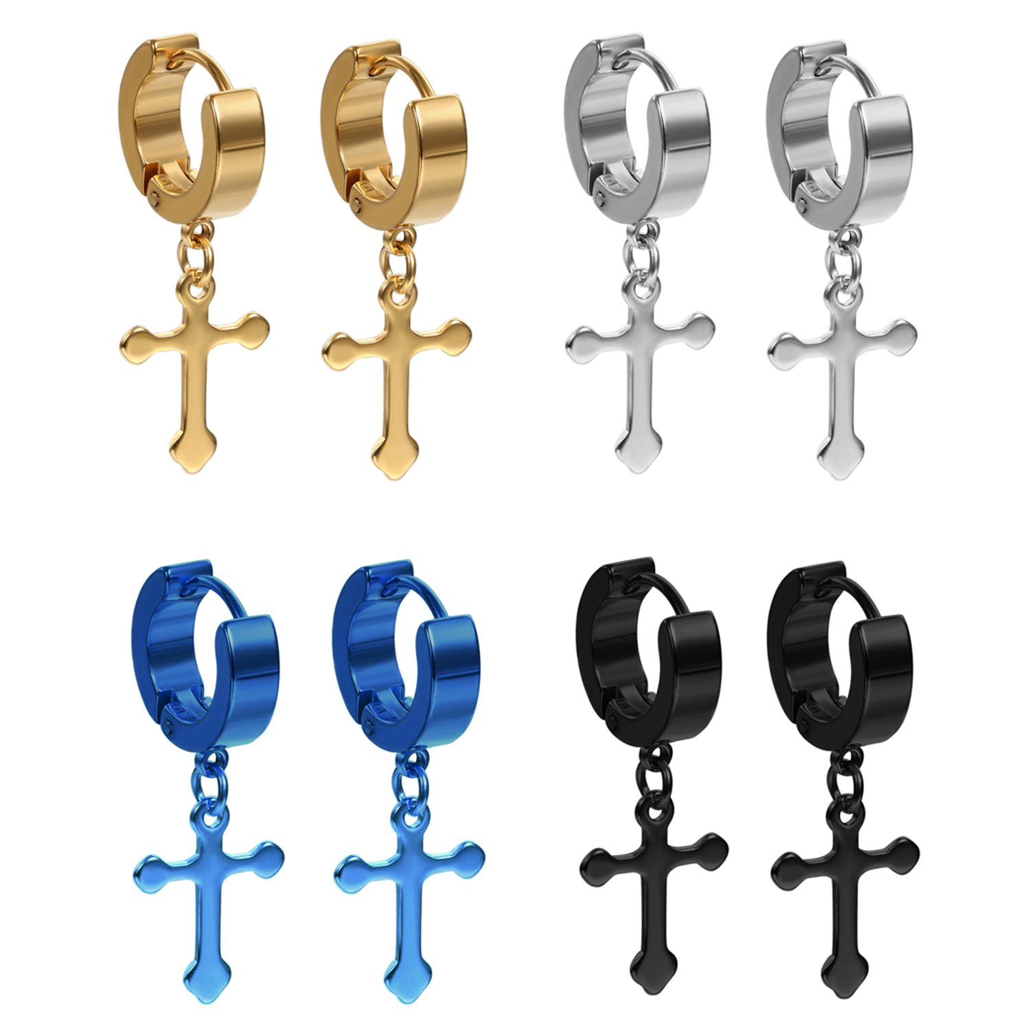 Flongo Men's Women's 4 Pairs Stainless Steel Cross Dangle Loop Hinged Earrings, Hoop Drop Earrings Set Color Gold Silver Black Blue for Christmas Valentin's